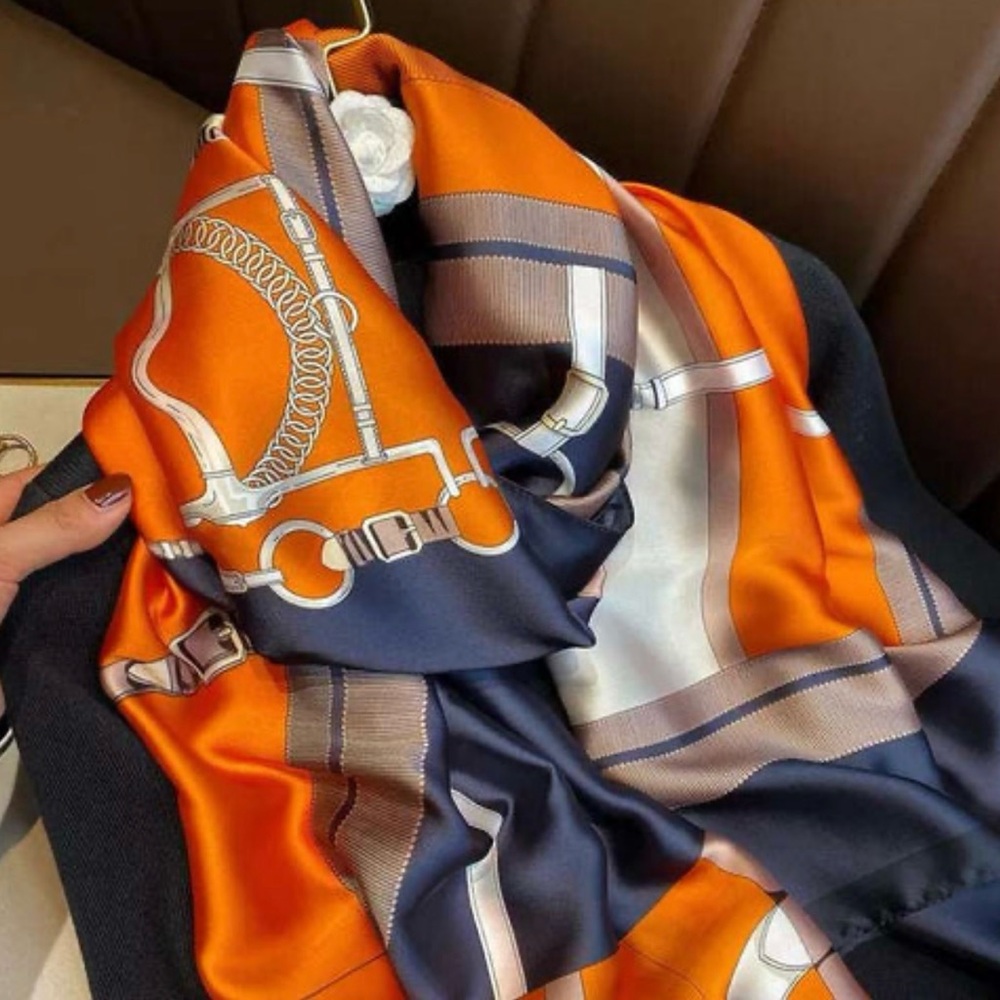 Luxury Orange and Navy Silk Feel Scarf